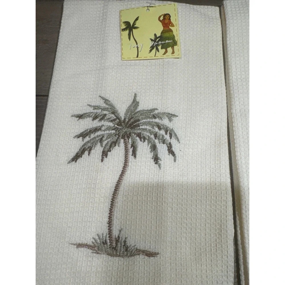 Ivy Banana Palm Tree Embroidered Waffle Weave Cotton Kitchen Towels Cream Set /2